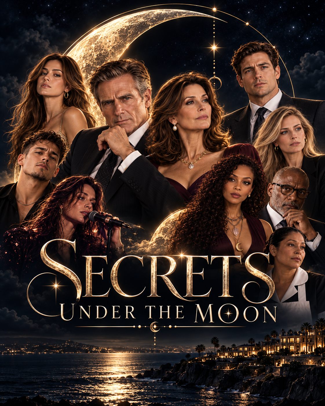 The cast of Secrets Under The Moon beneath a golden crescent moon, the Blackwell estate glowing on the coast below